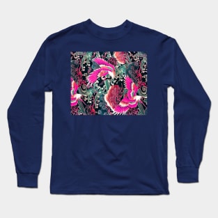 PINK FUCHSIA FLYING CRANES ,FLOWERS, SEA WAVES BLUE GREEN FLORAL Long Sleeve T-Shirt